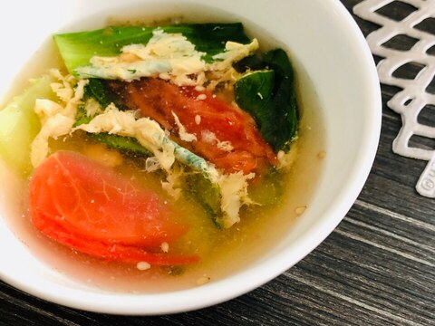 青梗菜とトマトのすっぱ中華卵スープ